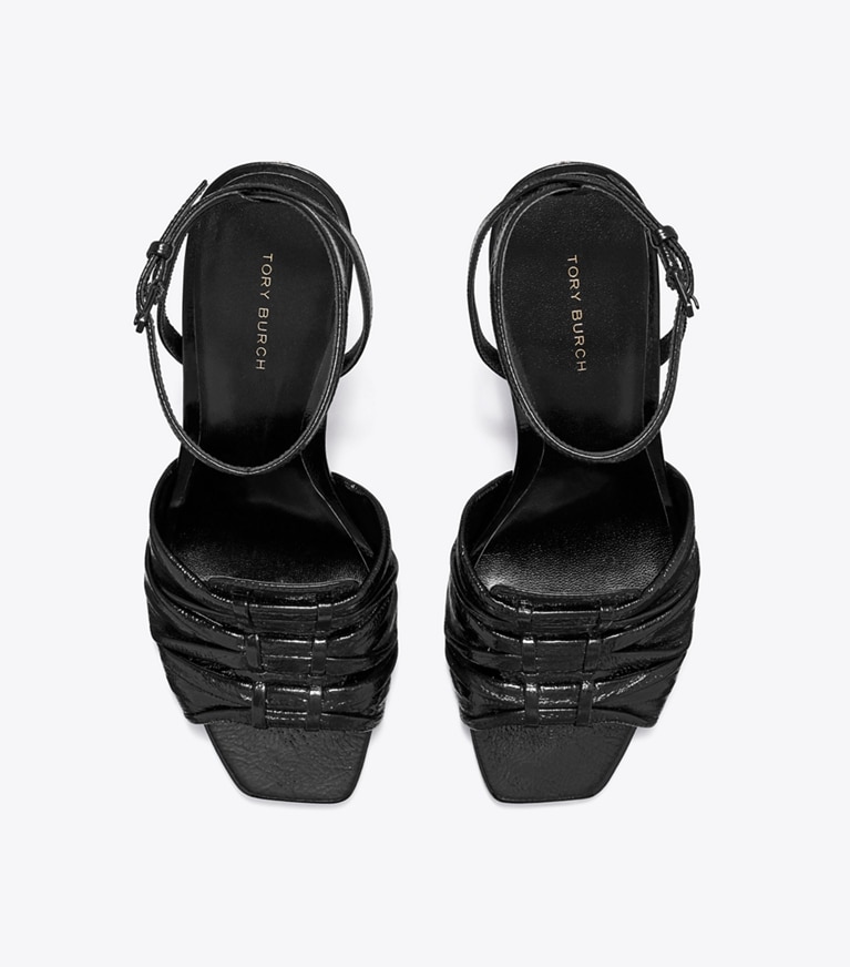 Tory Burch designer sandals Ruched Heeled Sandal in PERFECT BLACK angle