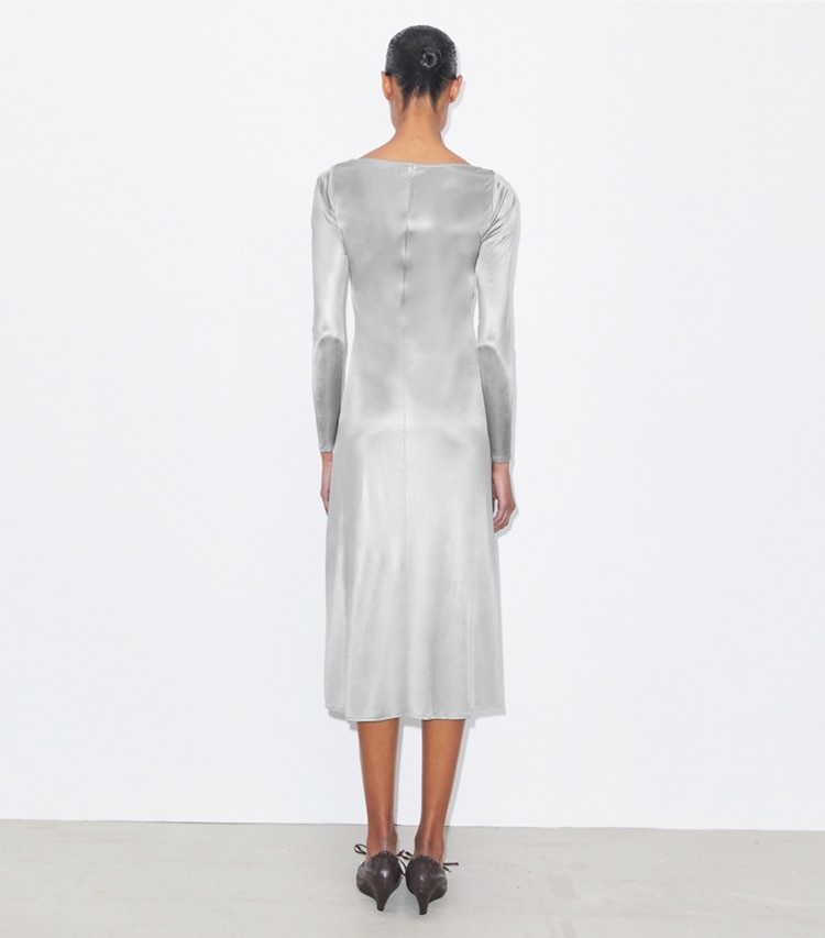 Tory Burch designer dresses Ruched Jersey Dress in Gray on model back