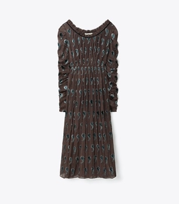 Tory Burch designer dresses Ruched Velvet Dress in Brown Paisley front