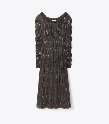 Tory Burch designer dresses Ruched Velvet Dress in Brown Paisley Shadow front