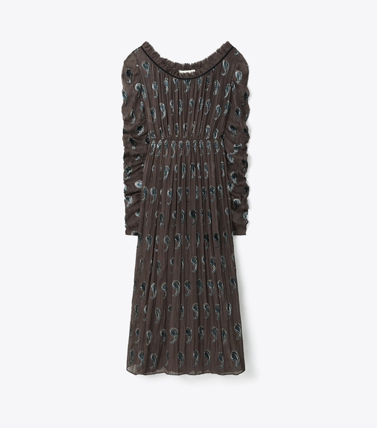 Tory Burch designer dresses Ruched Velvet Dress in Brown Paisley Shadow front