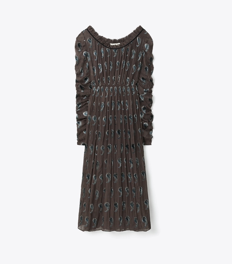 Tory Burch designer dresses Ruched Velvet Dress in Brown Paisley Shadow front