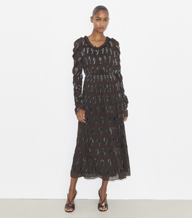 Tory Burch designer dresses Ruched Velvet Dress in Brown Paisley Shadow on model front