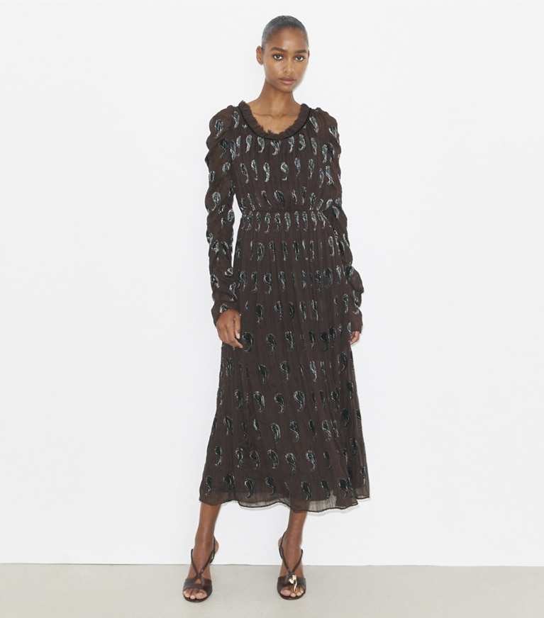 Tory Burch designer dresses Ruched Velvet Dress in Brown Paisley Shadow front