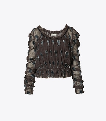 Tory Burch designer tops Ruched Velvet Top in Brown Paisley Shadow front
