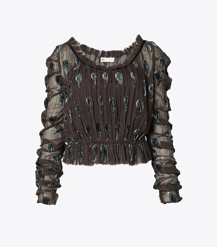 Tory Burch designer tops Ruched Velvet Top in Brown Paisley Shadow front
