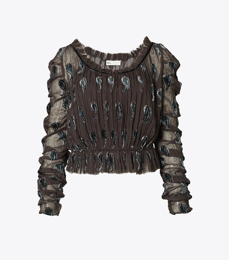 Tory Burch designer tops Ruched Velvet Top in Brown Paisley Shadow front