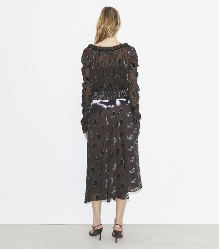 Tory Burch designer tops Ruched Velvet Top in Brown Paisley Shadow front