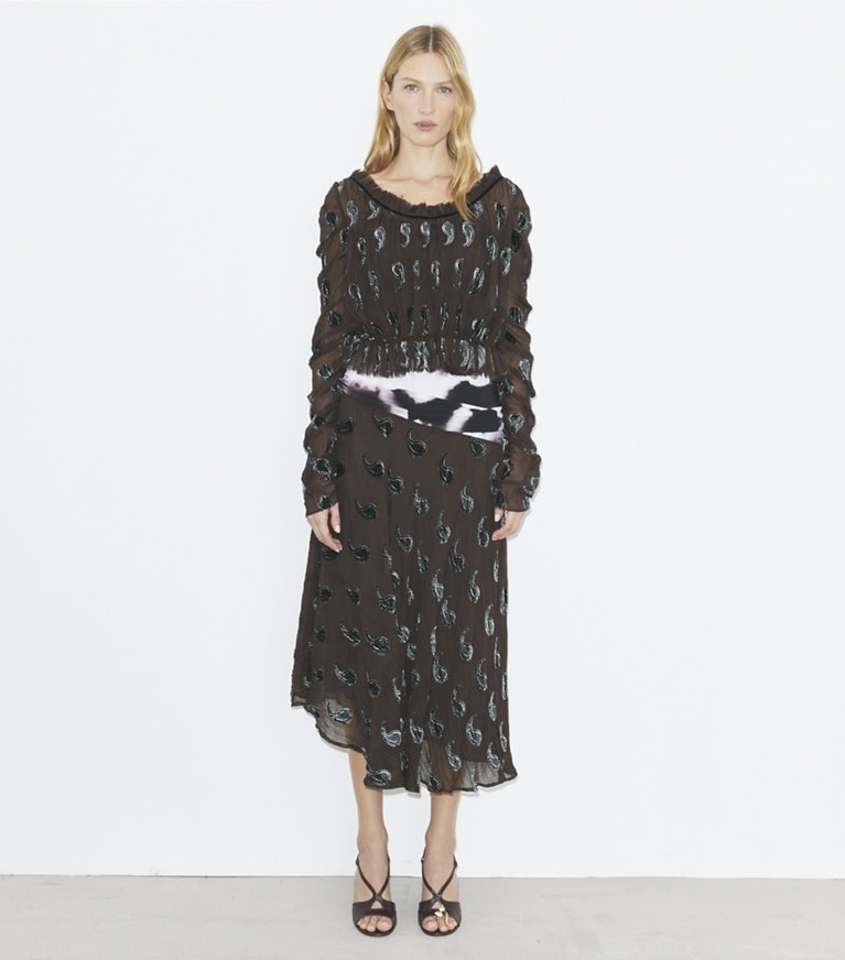 Tory Burch designer tops Ruched Velvet Top in Brown Paisley Shadow front