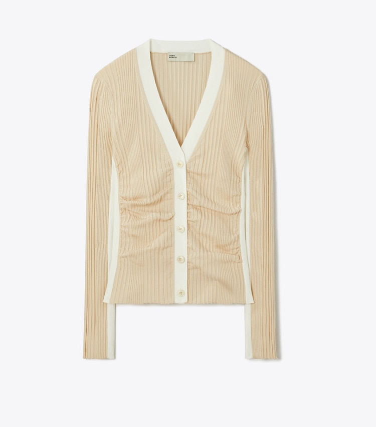 Tory Burch designer sweaters Ruched Wool Cardigan in Ivory Pearl front