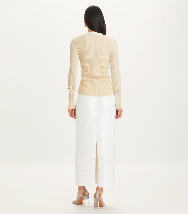Tory Burch designer sweaters Ruched Wool Cardigan in Ivory Pearl front