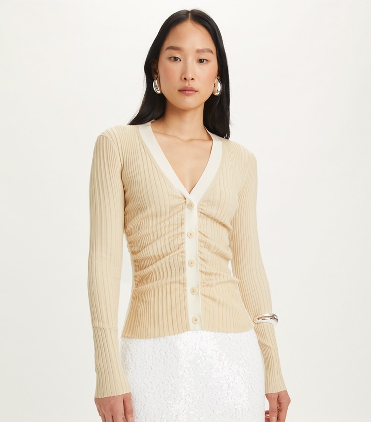 Tory Burch designer sweaters Ruched Wool Cardigan in Ivory Pearl on model detail