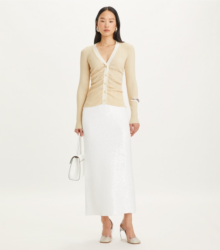 Tory Burch designer sweaters Ruched Wool Cardigan in Ivory Pearl on model front