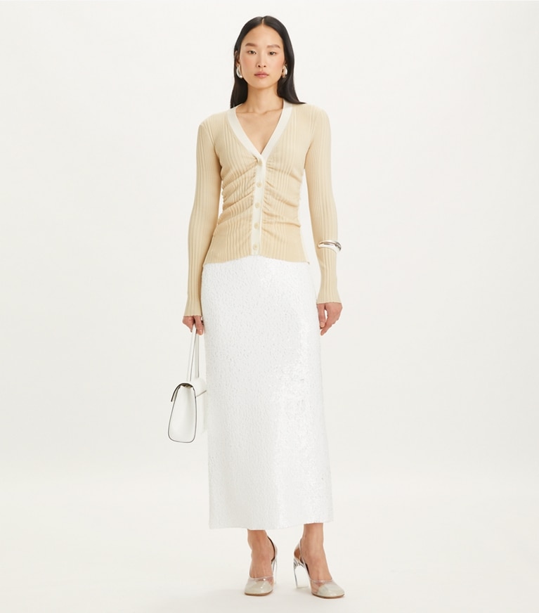 Tory Burch designer sweaters Ruched Wool Cardigan in Ivory Pearl front