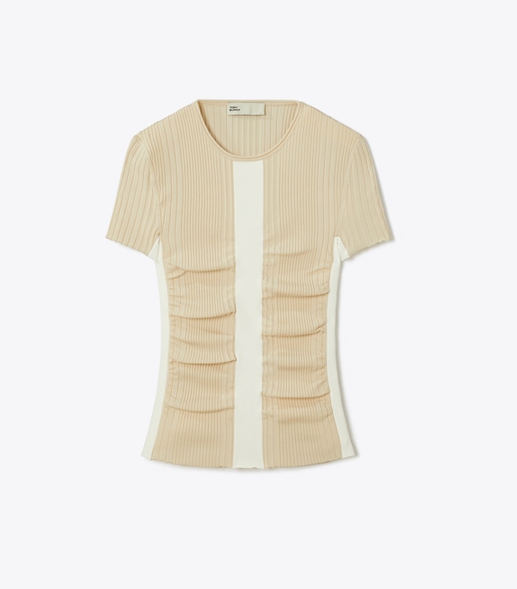 Tory Burch designer sweaters Ruched Wool Short Sleeve Sweater Top in Pearled Ivory front