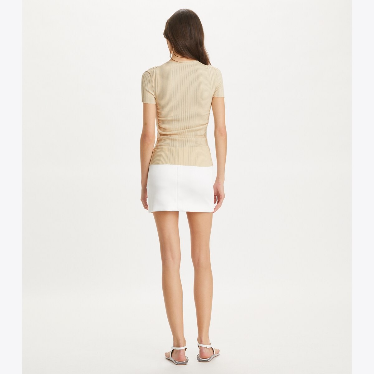 Ruched Wool Short Sleeve Sweater Top: Women's Designer