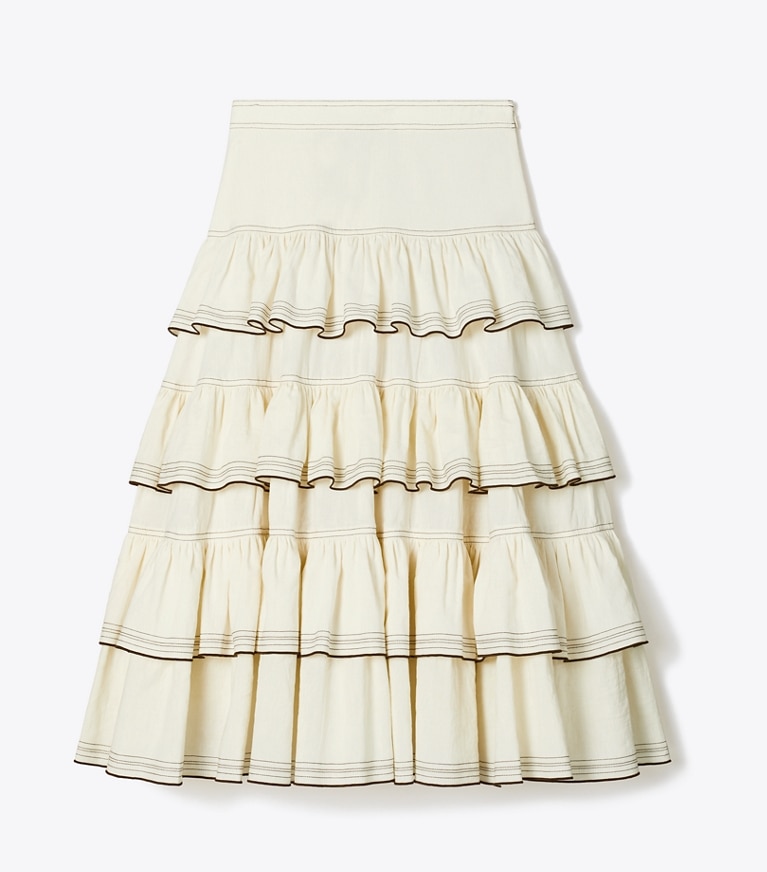 Tory Burch designer bottoms Ruffle Cotton Skirt in Biscuit front
