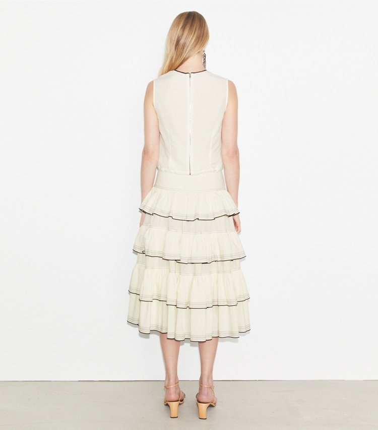 Tory Burch designer bottoms Ruffle Cotton Skirt in Biscuit on model back