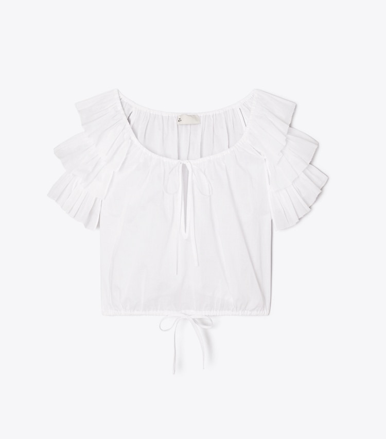 Tory Burch designer coverups Ruffle Cotton Top in White front