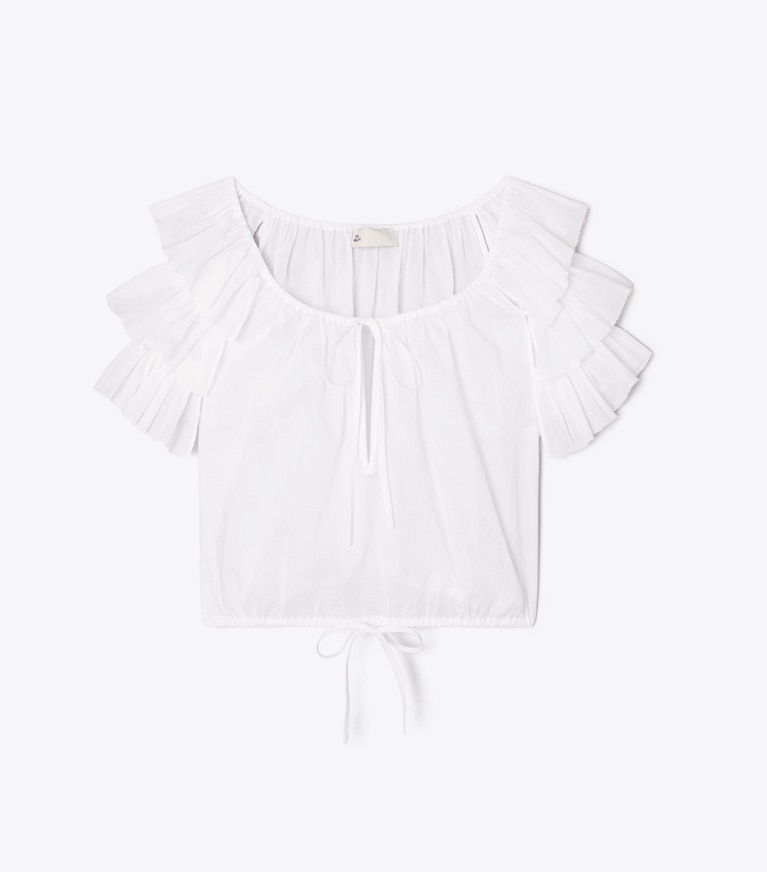 Tory Burch designer coverups Ruffle Cotton Top in White front