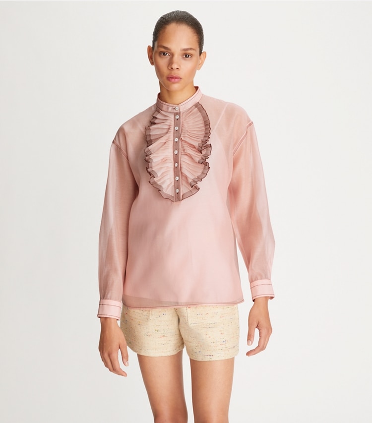 Tory Burch designer tops Ruffle-Front Blouse in Tulip Rose on model detail