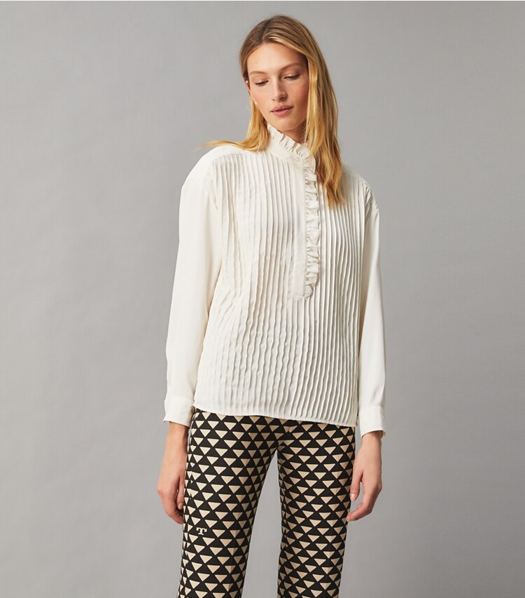Tory Burch designer tops Ruffle-Front Blouse in NEW IVORY on model detail
