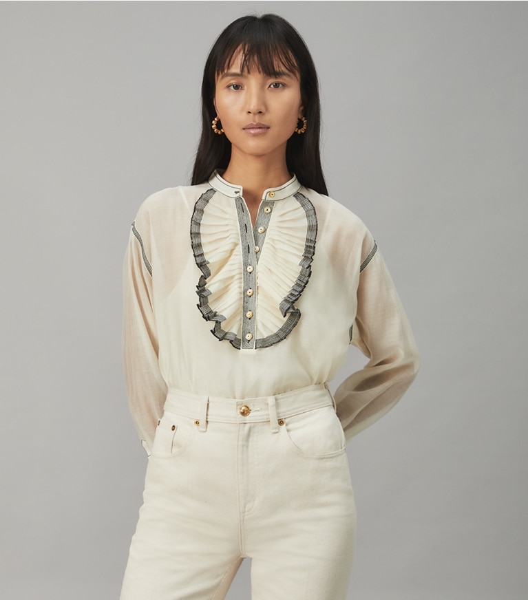 Tory Burch designer tops Ruffle-Front Blouse in FRENCH CREAM front
