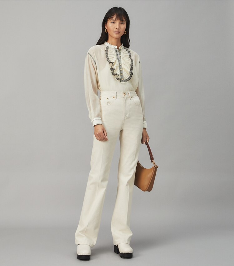 Tory Burch designer tops Ruffle-Front Blouse in FRENCH CREAM on model front