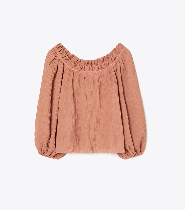 Tory Burch designer tops Ruffle Neck Top in Wood Rose front