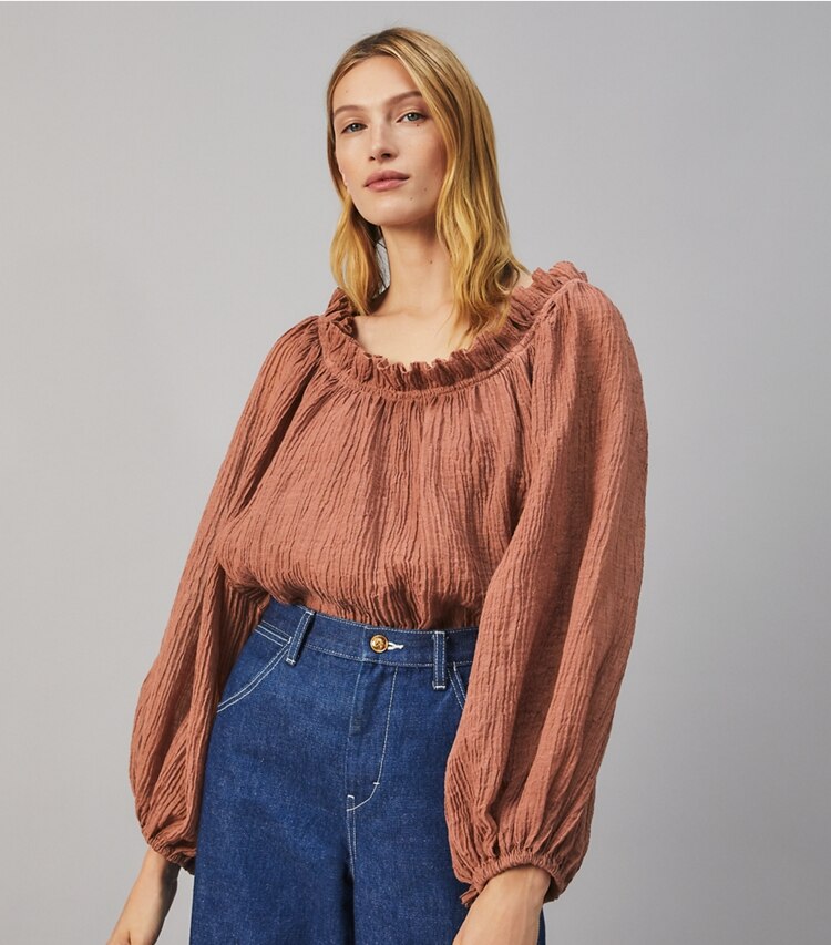 Tory Burch designer tops Ruffle Neck Top in Wood Rose on model detail