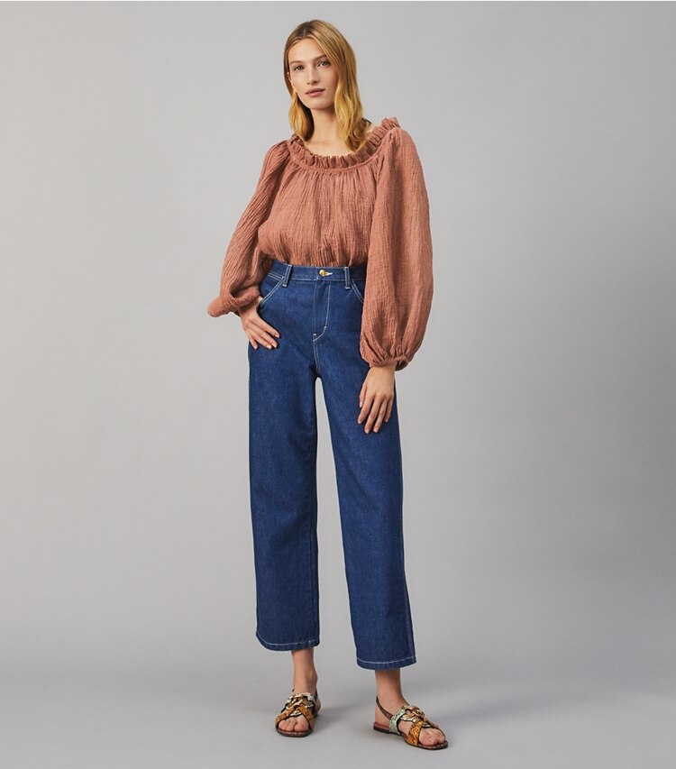 Tory Burch designer tops Ruffle Neck Top in Wood Rose on model front
