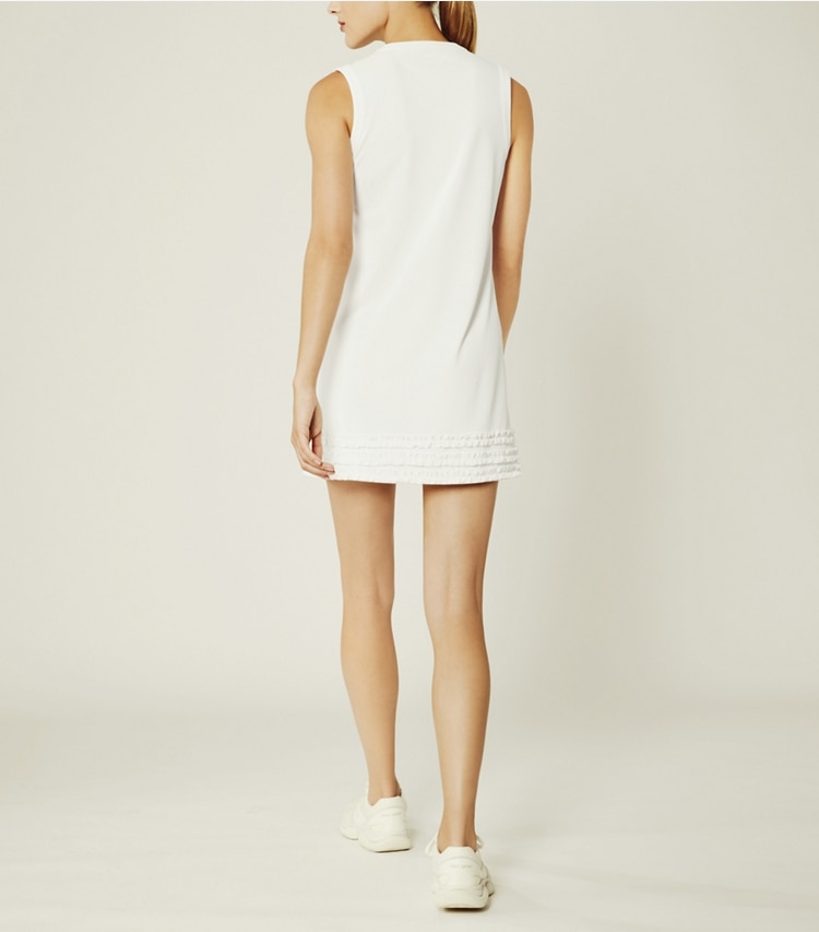 Tory Sport designer dresses Ruffle Tunic Tennis Dress in Snow White on model back