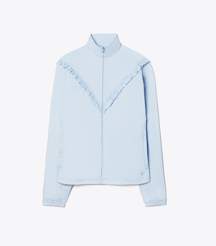 Tory Sport designer jackets Ruffle Windbreaker in Ice Flow front