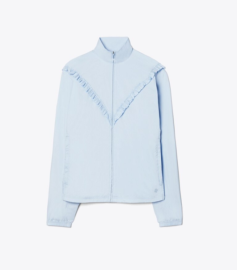 Tory Sport designer jackets Ruffle Windbreaker in Ice Flow front