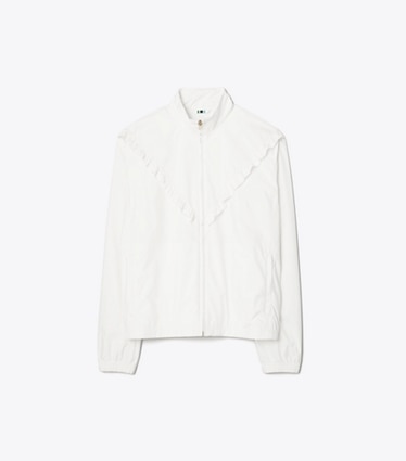 Tory Sport designer jackets Ruffle Windbreaker in Snow White front