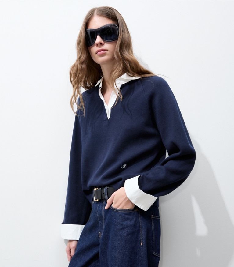 Tory Burch designer sweaters Rugby Sweater in Navy on model detail