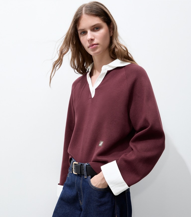 Tory Burch designer sweaters Rugby Sweater in Mahogany Red on model detail
