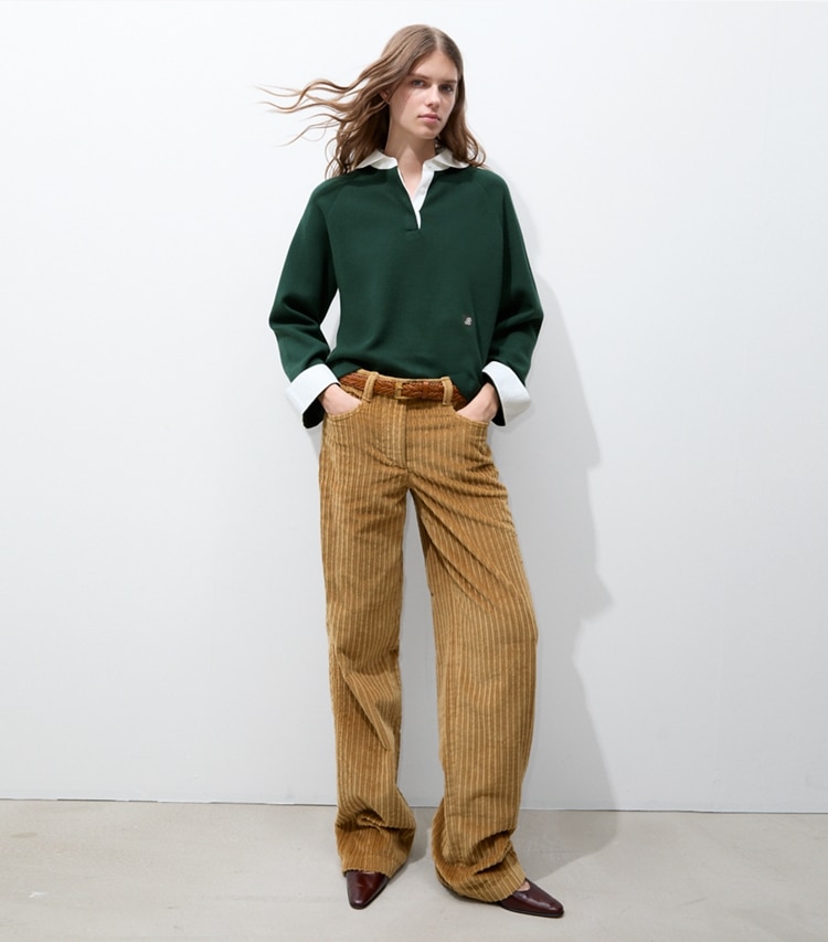 Tory Burch designer sweaters Rugby Sweater in Deep Green on model front