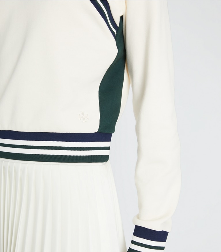 Tory Sport designer strickware Rundhalstop aus French Terry mit Chevronmuster in Ivory Pearl / Tory Navy / Shamrock front