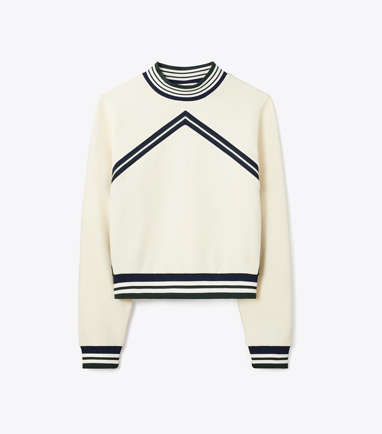 Tory Sport designer strickware Rundhalstop aus French Terry mit Chevronmuster in Ivory Pearl / Tory Navy / Shamrock front