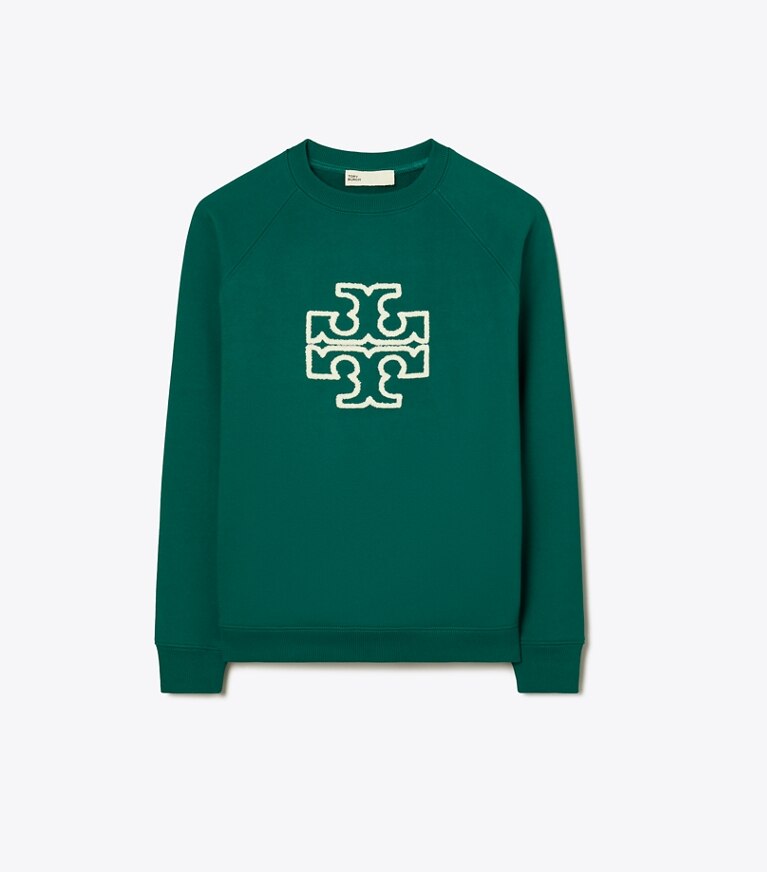 Tory Burch designer strickware Rundhalstop aus Merinofrottee mit Raglanärmeln und Logo in Emerald front