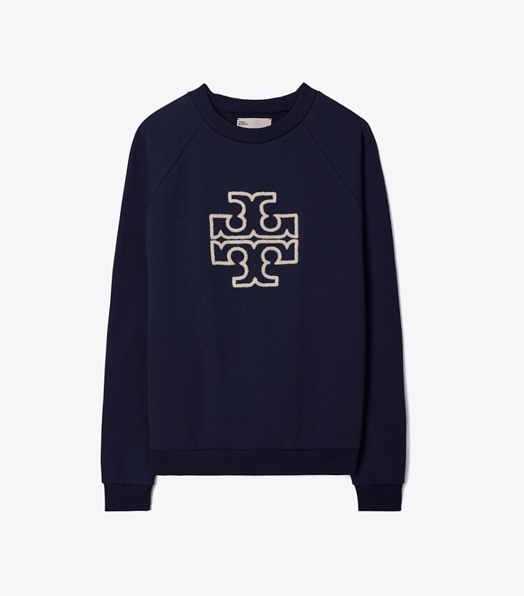 Tory Burch designer strickware Rundhalstop aus Merinofrottee mit Raglanärmeln und Logo in Tory Navy front
