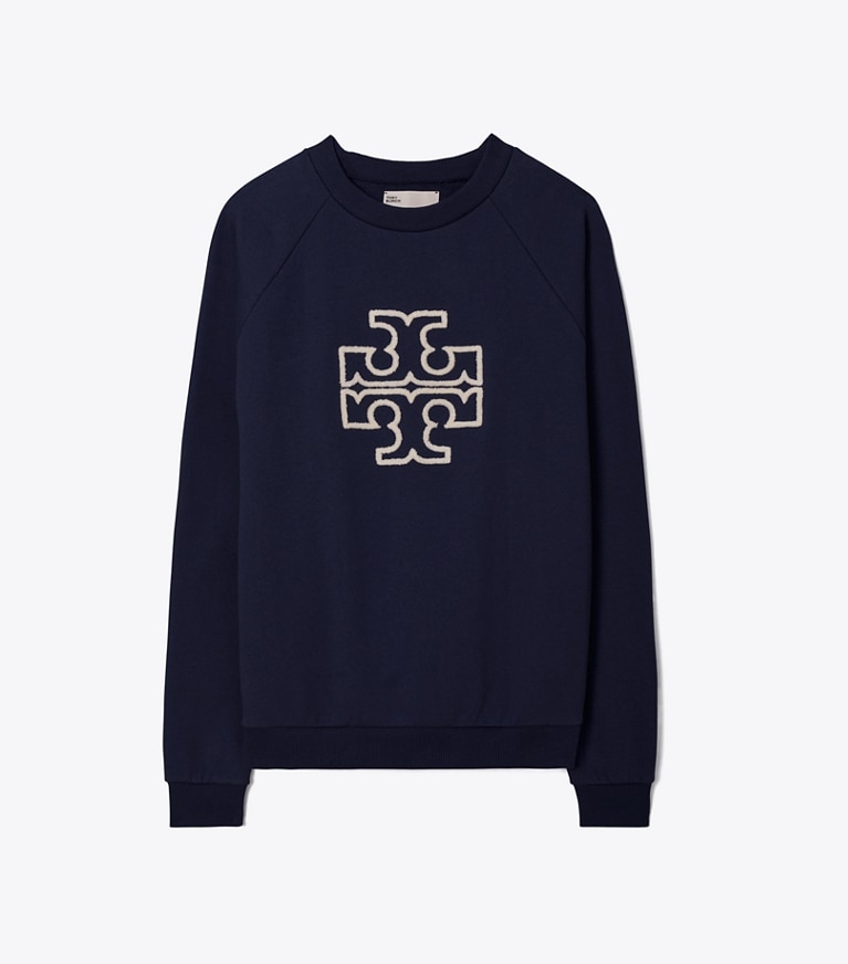 Tory Burch designer strickware Rundhalstop aus Merinofrottee mit Raglanärmeln und Logo in Tory Navy front