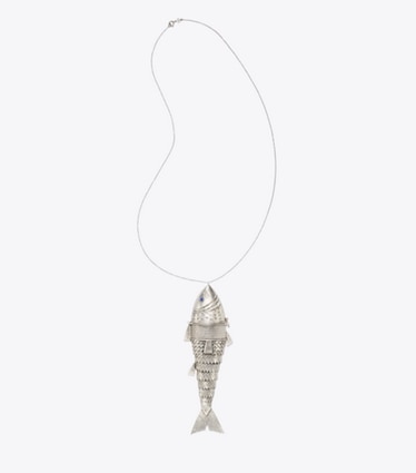 Tory Burch designer necklaces Runway Articulated Fish Pendant in Antique Silver front