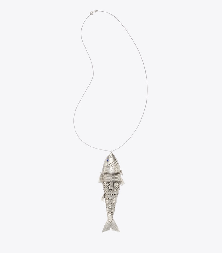 Tory Burch designer necklaces Runway Articulated Fish Pendant in Antique Silver front