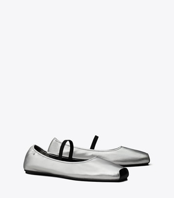 Tory Burch designer flats Runway Ballet in SILVER / PERFECT BLACK angle