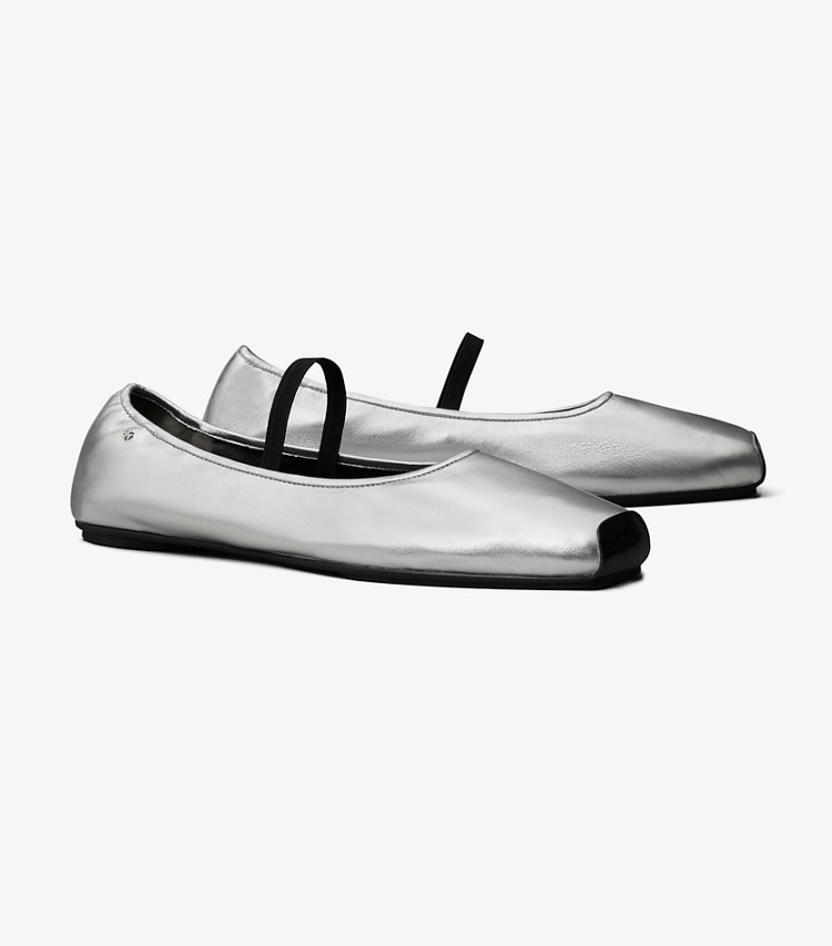 Tory Burch designer flats Runway Ballet in SILVER / PERFECT BLACK angle