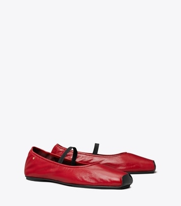 Tory Burch designer flats Runway Ballet in RUBY / PERFECT BLACK angle