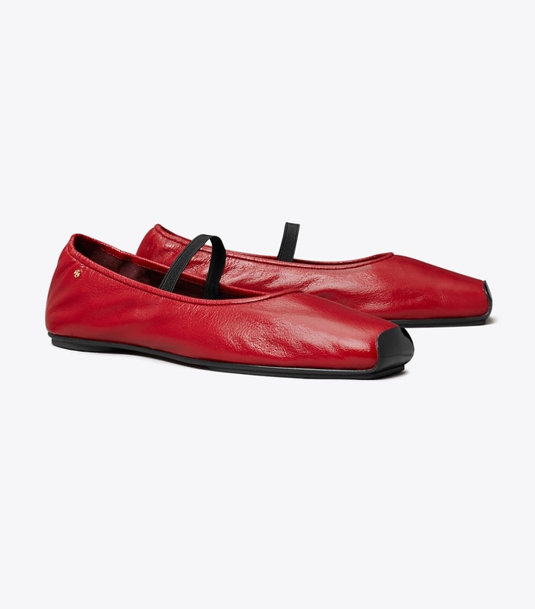 Tory Burch designer flats Runway Ballet in RUBY / PERFECT BLACK angle