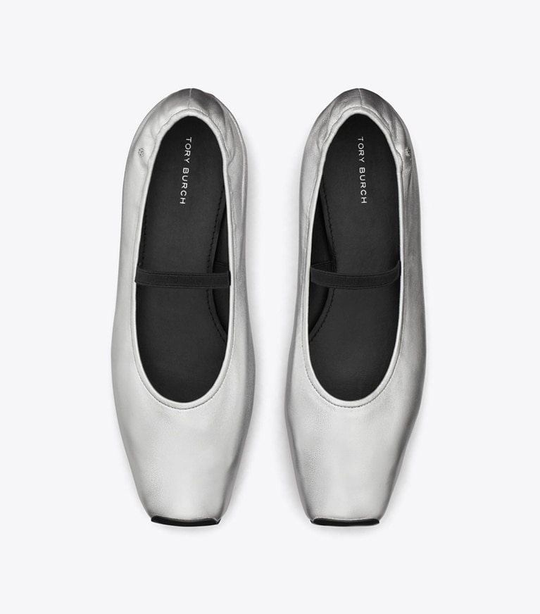 Tory Burch designer flats Runway Ballet in SILVER / PERFECT BLACK angle